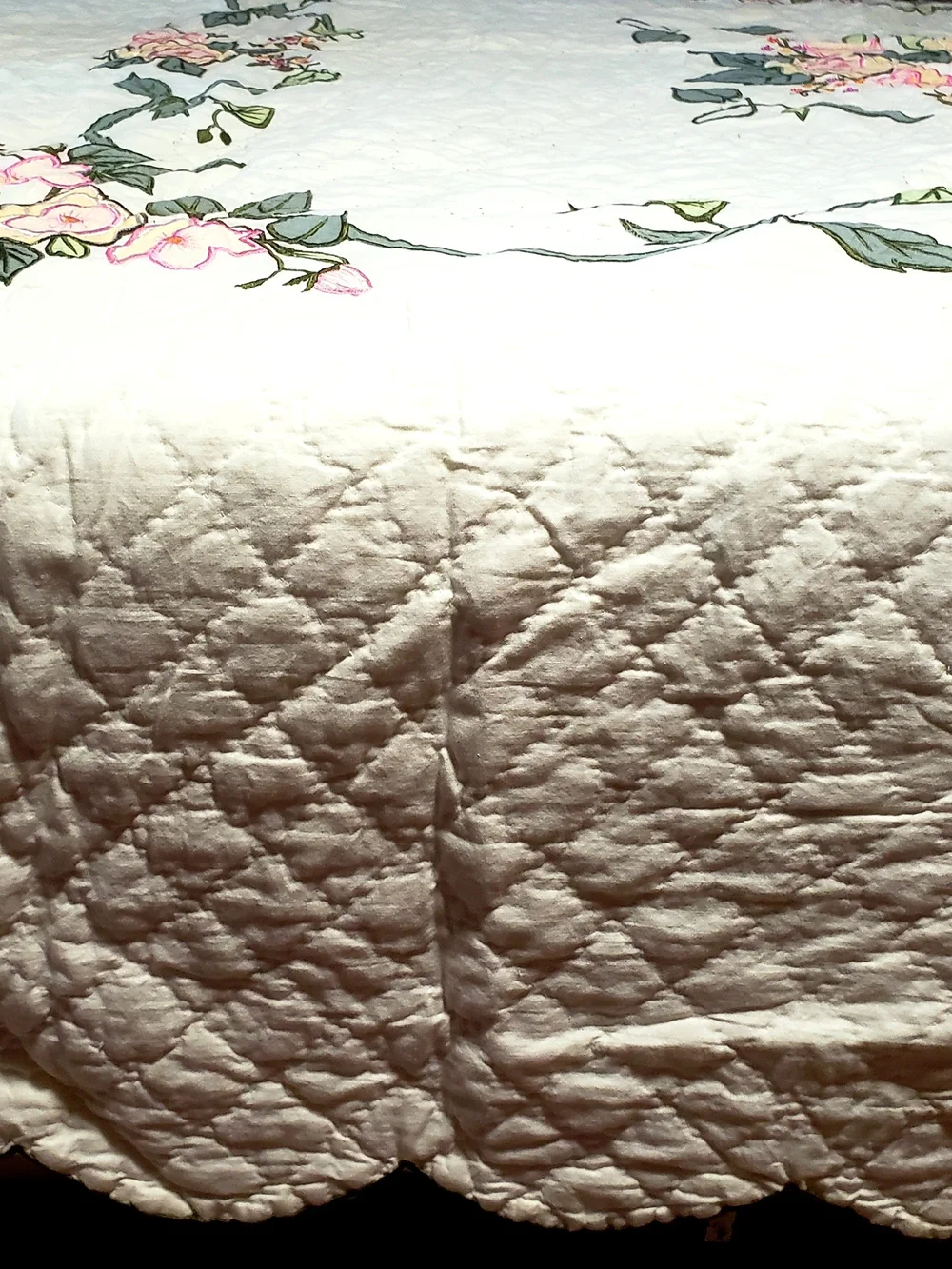 Vintage Limited Edition Quilted Bedspread with Pink and Green Floral Embroidery